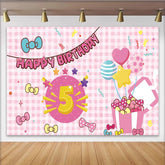 Lofaris Pink Cartoon 5th Birthday Backdrop with Bows and Balloons, Festive Party Background for Girls Photoshoot and Decoration