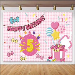 Lofaris Pink Cartoon 5th Birthday Backdrop with Bows and Balloons, Festive Party Background for Girls Photoshoot and Decoration