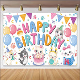 Lofaris Cute Cartoon Kitten Birthday Backdrop with Colorful Balloons and Cake, Adorable Party Decor for Kids Celebration and Photo Booth Prop