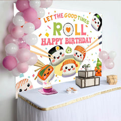 Lofaris Cute Sushi Happy Birthday Backdrop with Chopsticks and Confetti, Let the Good Times Roll Party Background for Celebration