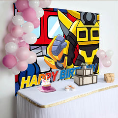 Lofaris Vibrant Cartoon Robot Birthday Backdrop with Happy Birthday Text, Colorful Party Background for Kids Photoshoot and Decoration