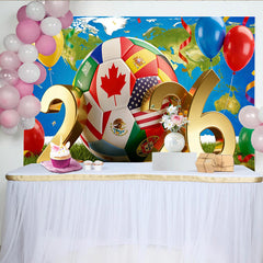 Lofaris International Soccer Game Backdrop with Golden 2026 and Flags, World Map Party Decoration for Sports Fans