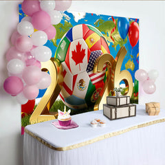 Lofaris International Soccer Game Backdrop with Golden 2026 and Flags, World Map Party Decoration for Sports Fans