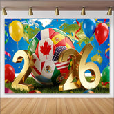Lofaris International Soccer Game Backdrop with Golden 2026 and Flags, World Map Party Decoration for Sports Fans