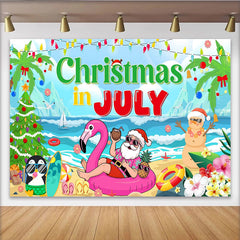 Lofaris Christmas In July Beach Party Backdrop with Santa and Snowman, Summer Holiday Decoration for Photoshoot