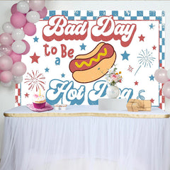 Lofaris Retro Hot Dog Independence Day Backdrop with Stars and Fireworks, Patriotic Summer Party Background for Photo Booth Props