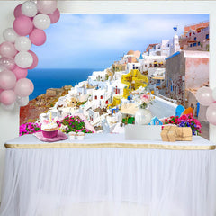 Lofaris White Mediterranean Village Photography Backdrop, Blue Sea and Vibrant Flowers Scenic Background for Travel Photoshoot