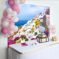 Lofaris White Mediterranean Village Photography Backdrop, Blue Sea and Vibrant Flowers Scenic Background for Travel Photoshoot