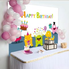 Lofaris Colorful Cartoon Monster Birthday Backdrop with Cake, Balloons and Gifts, Fun Party Background for Kids Photoshoot Decor