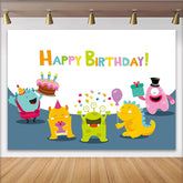 Lofaris Colorful Cartoon Monster Birthday Backdrop with Cake, Balloons and Gifts, Fun Party Background for Kids Photoshoot Decor