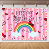 Lofaris Cute Pink Bow Rainbow Happy Birthday Backdrop for Girls Party, Striped Hearts Background for Photo Booth Decoration