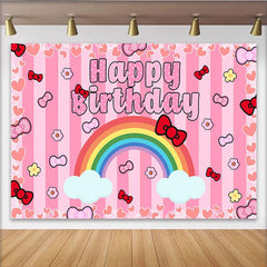 Lofaris Cute Pink Bow Rainbow Happy Birthday Backdrop for Girls Party, Striped Hearts Background for Photo Booth Decoration