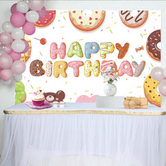 Lofaris Colorful Donut Happy Birthday Backdrop with Sweet Sprinkles, Cute Dessert Table Background for Kids Party Photoshoot