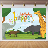 Lofaris Happy Birthday Cartoon Safari Backdrop with Giraffe and Elephant, Jungle Animal Theme Background for Kids Party Photoshoot