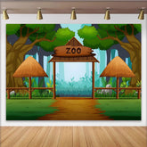 Lofaris Cartoon Zoo Birthday Backdrop with Jungle Forest Entrance and Wooden Gate, Wild Animal Theme Background for Kids Party Photoshoot