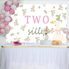 Lofaris Two Silly Goose 2nd Birthday Animal Backdrop with Pink Flowers, Charming Party Decor Background for Baby Girl Photoshoot