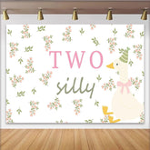 Lofaris Two Silly Goose 2nd Birthday Animal Backdrop with Pink Flowers, Charming Party Decor Background for Baby Girl Photoshoot