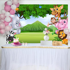 Lofaris Vibrant Cartoon Safari Photography Backdrop with Jungle Animals, Green Landscape Background for Kids Party Photoshoot