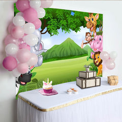 Lofaris Vibrant Cartoon Safari Photography Backdrop with Jungle Animals, Green Landscape Background for Kids Party Photoshoot