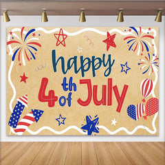 Lofaris Patriotic Red White and Blue 4th of July Holiday Backdrop with Fireworks Stars, Rustic Kraft Texture Independence Day Decor