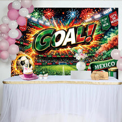 Lofaris Vibrant Mexican Soccer Fiesta Backdrop with Stadium and Goal Celebration, Festive Party Background for Sports Event Decor.