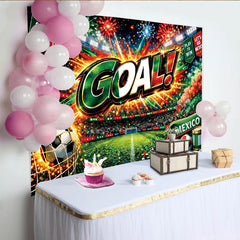 Lofaris Vibrant Mexican Soccer Fiesta Backdrop with Stadium and Goal Celebration, Festive Party Background for Sports Event Decor.