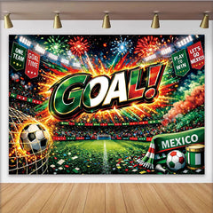 Lofaris Vibrant Mexican Soccer Fiesta Backdrop with Stadium and Goal Celebration, Festive Party Background for Sports Event Decor.