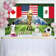 Lofaris Canada Mexico USA Flags Sports Championship Backdrop with Golden Trophy, Green Soccer Field Earth Design Photo Background for Fan Event