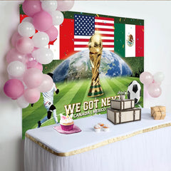 Lofaris Canada Mexico USA Flags Sports Championship Backdrop with Golden Trophy, Green Soccer Field Earth Design Photo Background for Fan Event