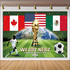 Lofaris Canada Mexico USA Flags Sports Championship Backdrop with Golden Trophy, Green Soccer Field Earth Design Photo Background for Fan Event
