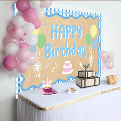Lofaris Blue Gingham Happy Birthday Backdrop with Pastel Balloons and Cake, Cute Party Decor for Kids Photoshoot and Celebration