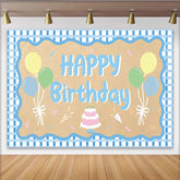 Lofaris Blue Gingham Happy Birthday Backdrop with Pastel Balloons and Cake, Cute Party Decor for Kids Photoshoot and Celebration