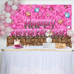 Lofaris Pink Pixel Game Birthday Backdrop with Cupcakes and Diamonds, Block Style Party Background for Girls Photoshoot