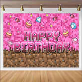 Lofaris Pink Pixel Game Birthday Backdrop with Cupcakes and Diamonds, Block Style Party Background for Girls Photoshoot