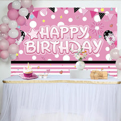 Lofaris Pink Polka Dot Happy Birthday Party Backdrop with Balloons and Bunting, Festive Photo Background for Girls Celebration