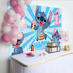 Lofaris Blue Cartoon Birthday Backdrop with Alien Characters, Cake and Ice Cream, Fun Party Decoration for Kids Photoshoot