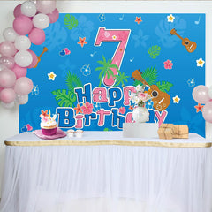 Lofaris Blue Tropical 7th Birthday Backdrop with Ukuleles and Hibiscus Flowers, Hawaiian Party Photography Background Decor