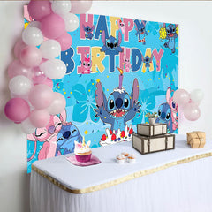 Lofaris Blue and Pink Cartoon Birthday Backdrop with Cake and Confetti, Fun Party Background for Kids Celebration