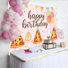 Lofaris Pink Cartoon Pizza Birthday Backdrop with Party Hats and Balloons, Happy Birthday Party Decor for Kids Photoshoot