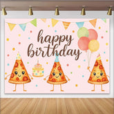 Lofaris Pink Cartoon Pizza Birthday Backdrop with Party Hats and Balloons, Happy Birthday Party Decor for Kids Photoshoot