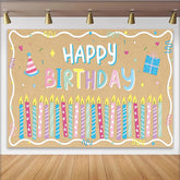 Lofaris Colorful Cartoon Happy Birthday Backdrop with Candles and Party Hat, Kraft Paper Texture Background for Kids Party Decor