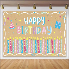Lofaris Colorful Cartoon Happy Birthday Backdrop with Candles and Party Hat, Kraft Paper Texture Background for Kids Party Decor