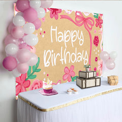Lofaris Floral Pink Happy Birthday Backdrop with Ribbons and Green Leaves, Cute Kraft Paper Texture Background for Girls Party Decoration
