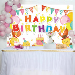 Lofaris Cute Cartoon Chick Birthday Backdrop with Colorful Balloons, Party Flags and Cake Photography Background for Kids Celebration