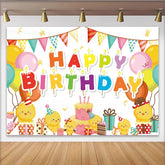 Lofaris Cute Cartoon Chick Birthday Backdrop with Colorful Balloons, Party Flags and Cake Photography Background for Kids Celebration
