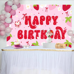 Lofaris Pink Strawberry Happy Birthday Backdrop with Heart Cake and Flowers, Sweet Party Background for Girls Photoshoot