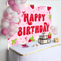 Lofaris Pink Strawberry Happy Birthday Backdrop with Heart Cake and Flowers, Sweet Party Background for Girls Photoshoot