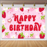 Lofaris Pink Strawberry Happy Birthday Backdrop with Heart Cake and Flowers, Sweet Party Background for Girls Photoshoot