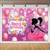 Lofaris Pink Glitter Girl Birthday Backdrop with Cake and Balloons, Sparkling Party Decor for Photoshoot and Celebration