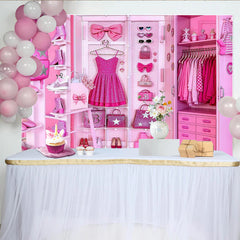 Lofaris Pink Glamour Fashion Closet Backdrop with Glitter Dress and Accessories, Luxurious Studio Background for Girls Party and Photoshoot
